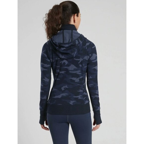 Athleta Triumph Blue Camo Print Full Zip Hoodie Pockets Size L Sweatshirt Jacket - Picture 2 of 15